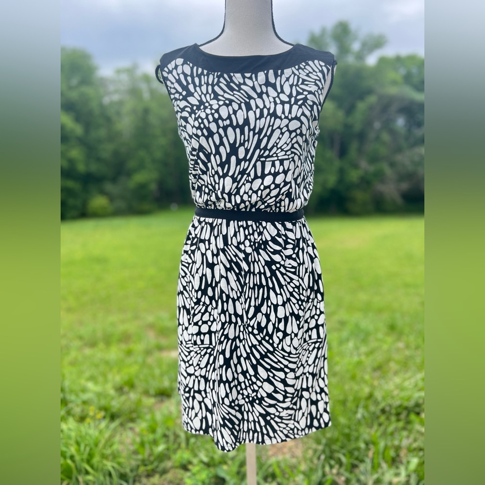LOFT Black and White Sheath Midi Dress with Cowl Neck